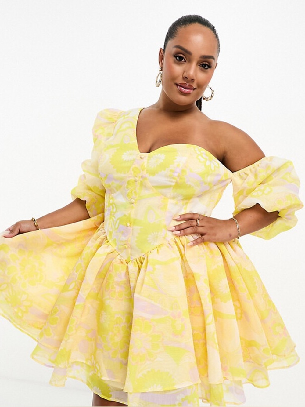 ASOS Luxe Curve one shoulder puff sleeve mini dress in floral print